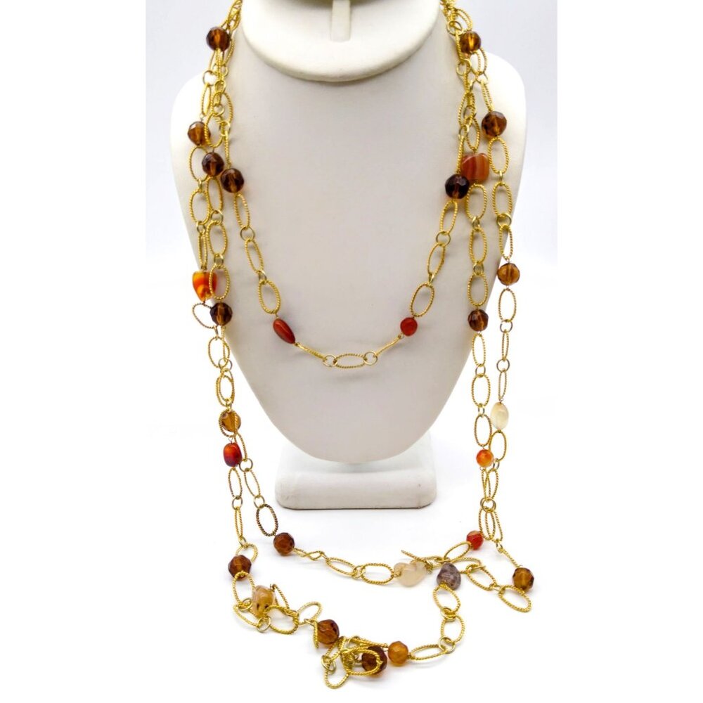 Triple Strand Gemstone Chain Necklace, Vintage Gold Tone Oval Links with Polish